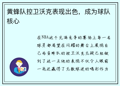 黄蜂队控卫沃克表现出色，成为球队核心